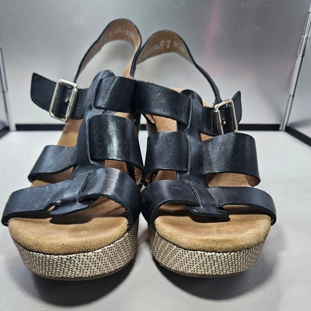 Clarks Artisan Black‎ Leather Wedge Sandals Women's Sz 9 M Buckle Straps #369